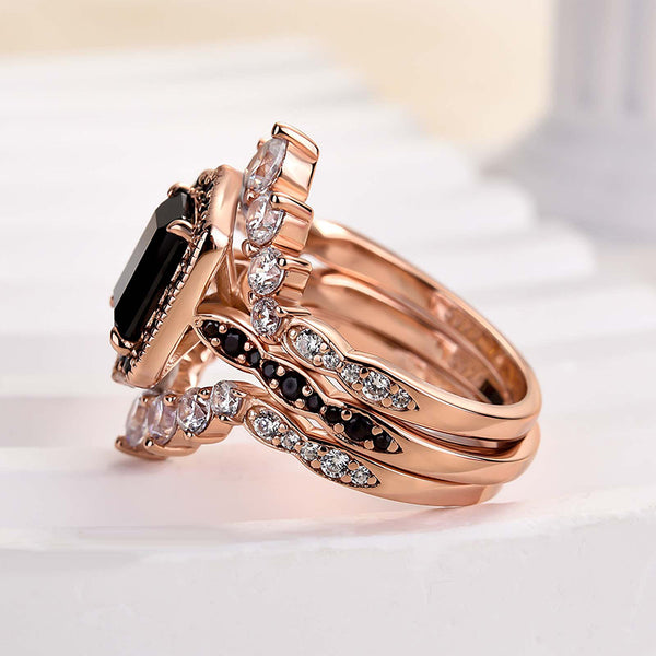 Louily Unique Rose Gold Radiant Cut 3PC Wedding Set