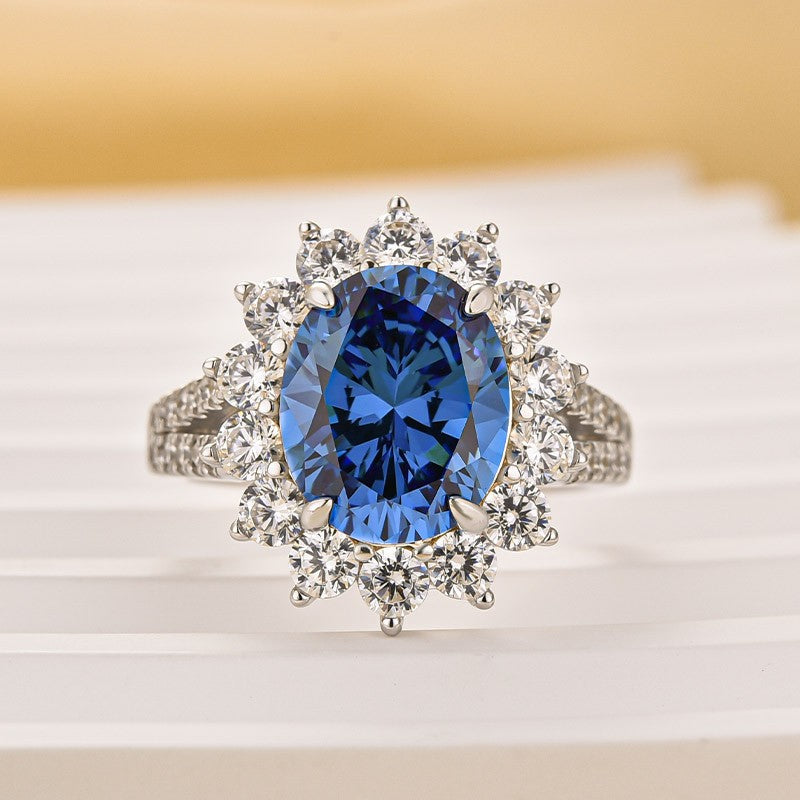 4.0Ct Halo Oval Cut Blue Stone Split Shank Engagement Ring In Sterling Silver - louilyjewelry