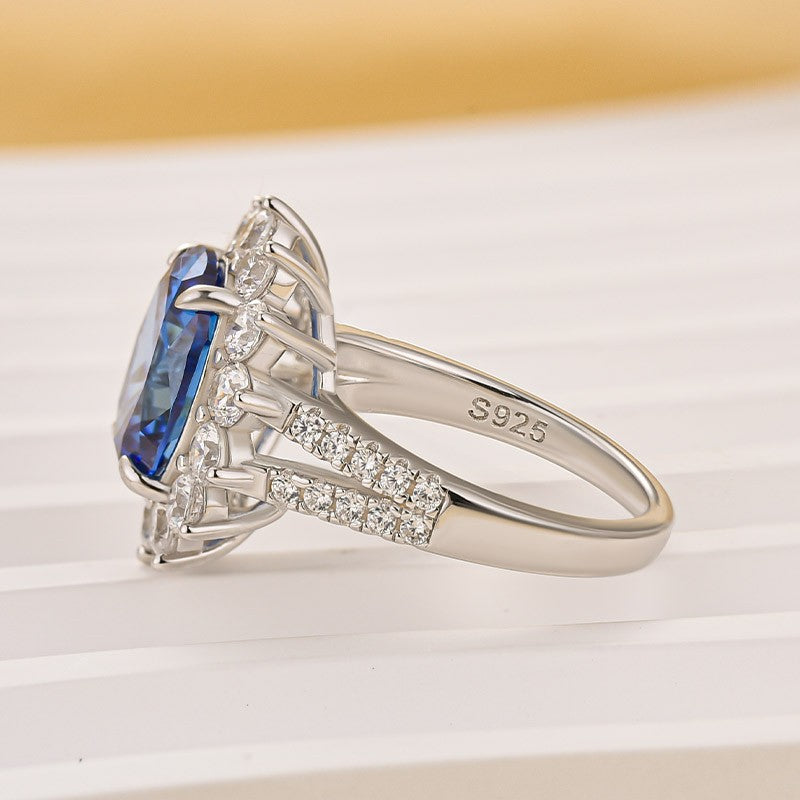 4.0Ct Halo Oval Cut Blue Stone Split Shank Engagement Ring In Sterling Silver - louilyjewelry