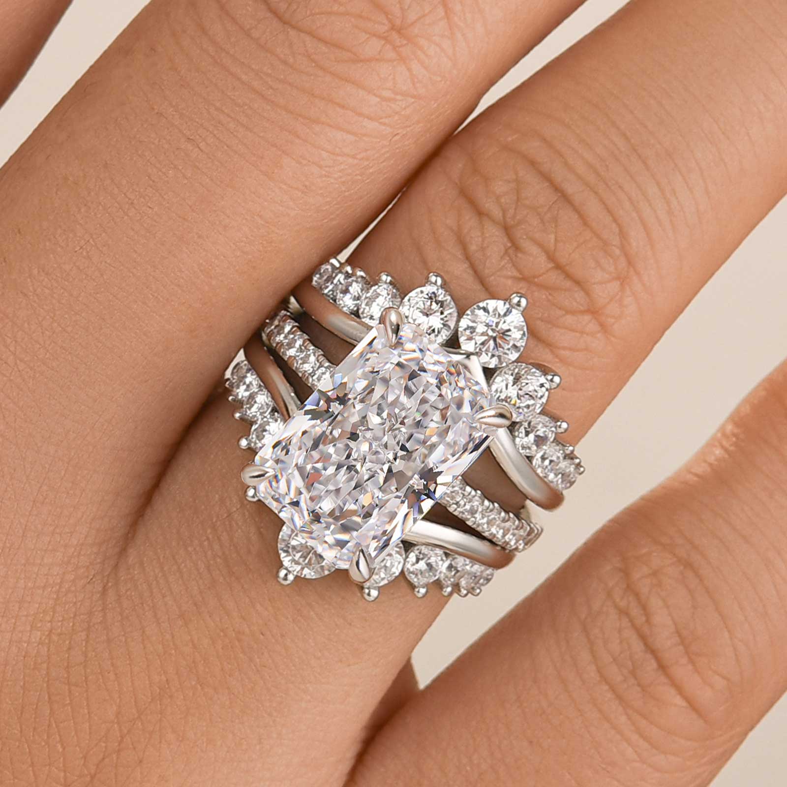 7.0 Carat Radiant Cut Insert Wedding Ring Set With Crown-Shaped Engagement Ring Enhancer