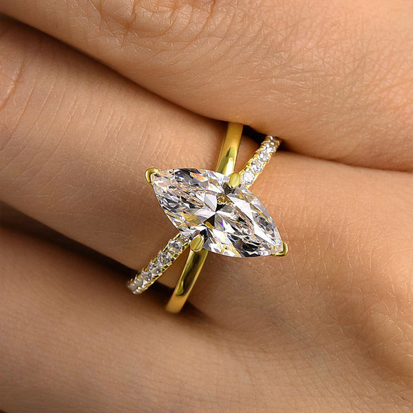 Louily Unique Yellow Gold Cross Shank Marquise Cut Engagement Ring - louilyjewelry