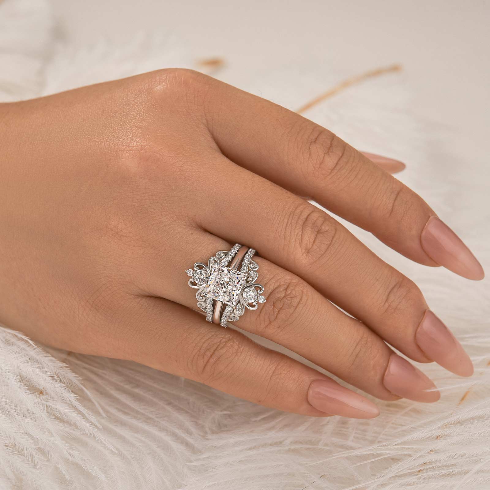 3.0Ct Square Princess Cut Insert Wedding Ring Set With Engagement Ring Enhancer