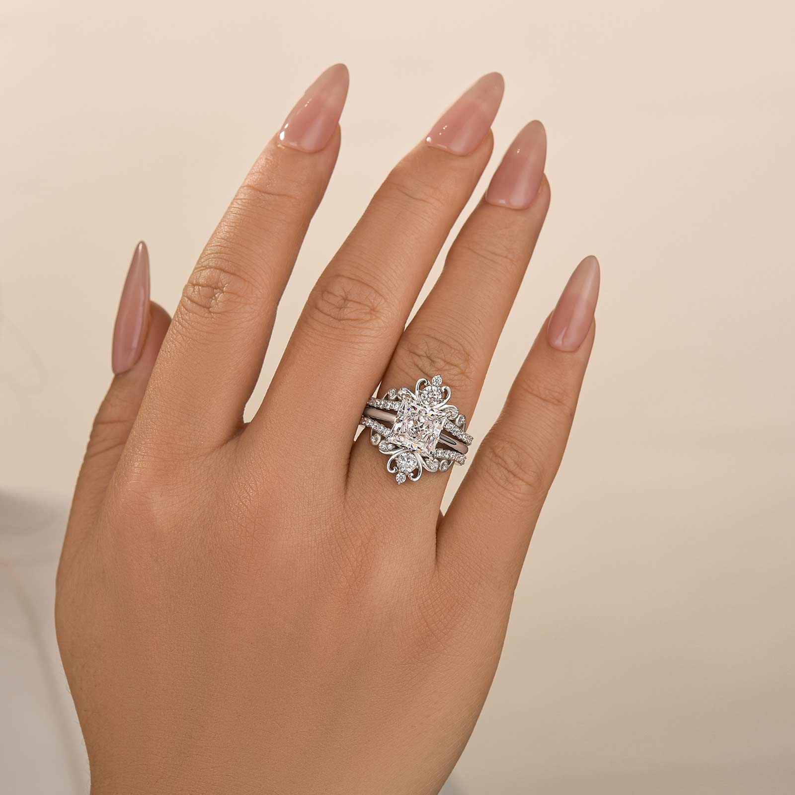 3.0Ct Square Princess Cut Insert Wedding Ring Set With Engagement Ring Enhancer