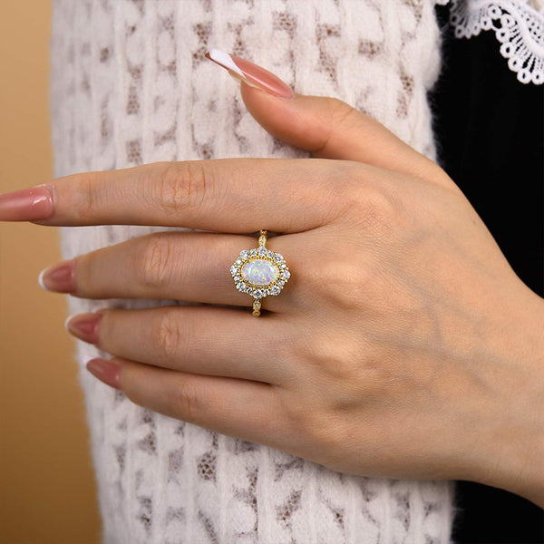 Louily Vintage Halo Oval Cut Opal Stone Engagement Ring
