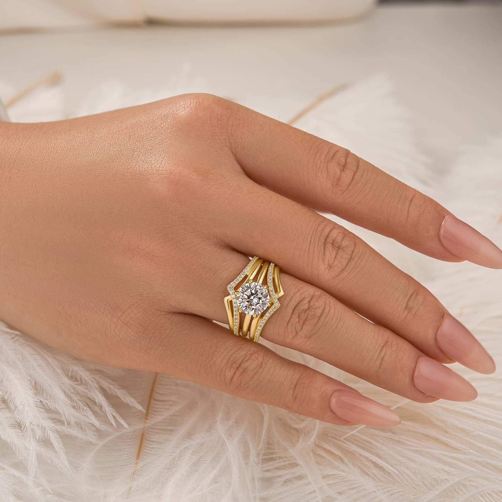 3PC 2.0Ct Round Cut Wedding Ring Set With Unique Yellow Gold Wedding Band