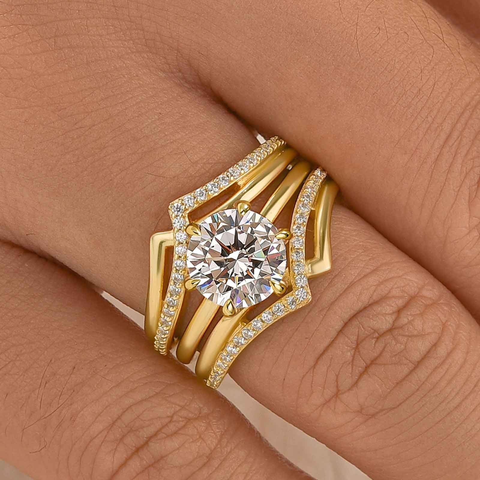 3PC 2.0Ct Round Cut Wedding Ring Set With Unique Yellow Gold Wedding Band