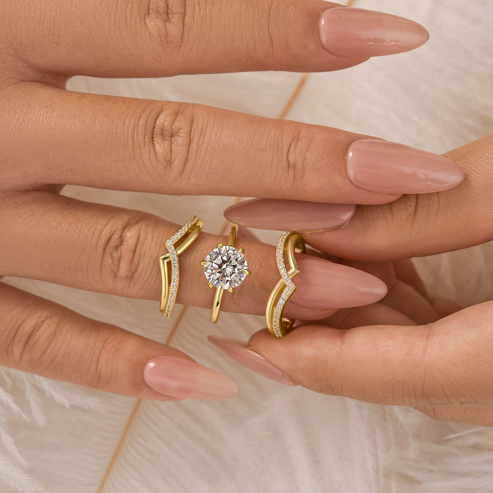 3PC 2.0Ct Round Cut Wedding Ring Set With Unique Yellow Gold Wedding Band