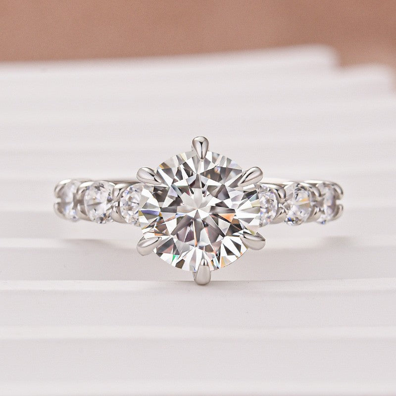 Moissanite 2.0 Ct 6 Prong Round Cut White Gold Engagement Ring In Sterling Silver