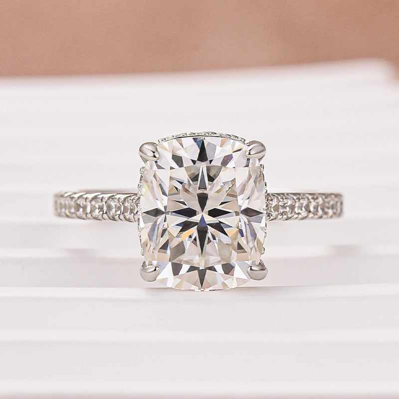 Moissanite Hidden Halo 4.0Ct Cushion Cut White Gold Engagement Ring - louilyjewelry