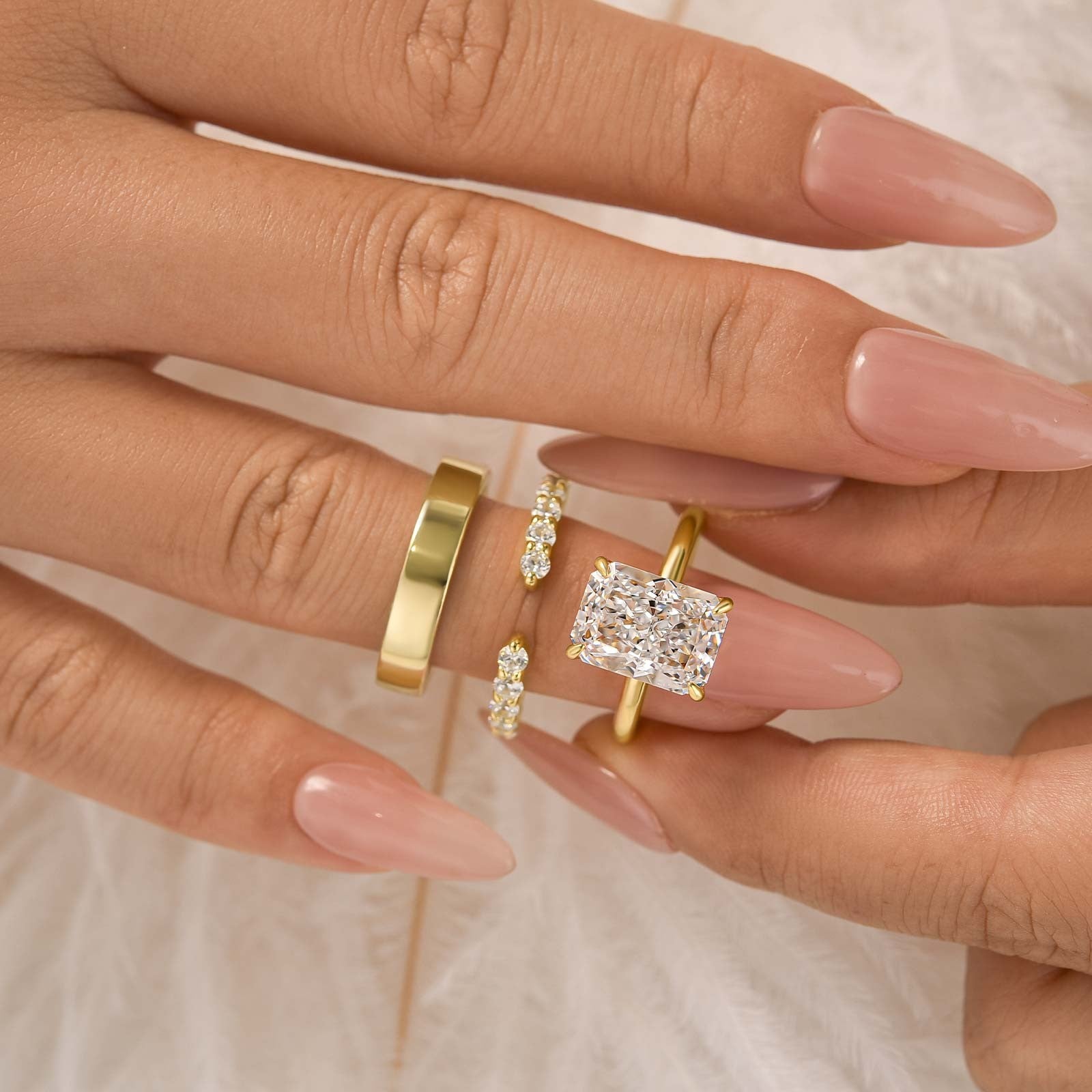 3PC 4.5Ct Radiant Cut Engagement Ring Wedding Ring Set With Open And Plain Bands