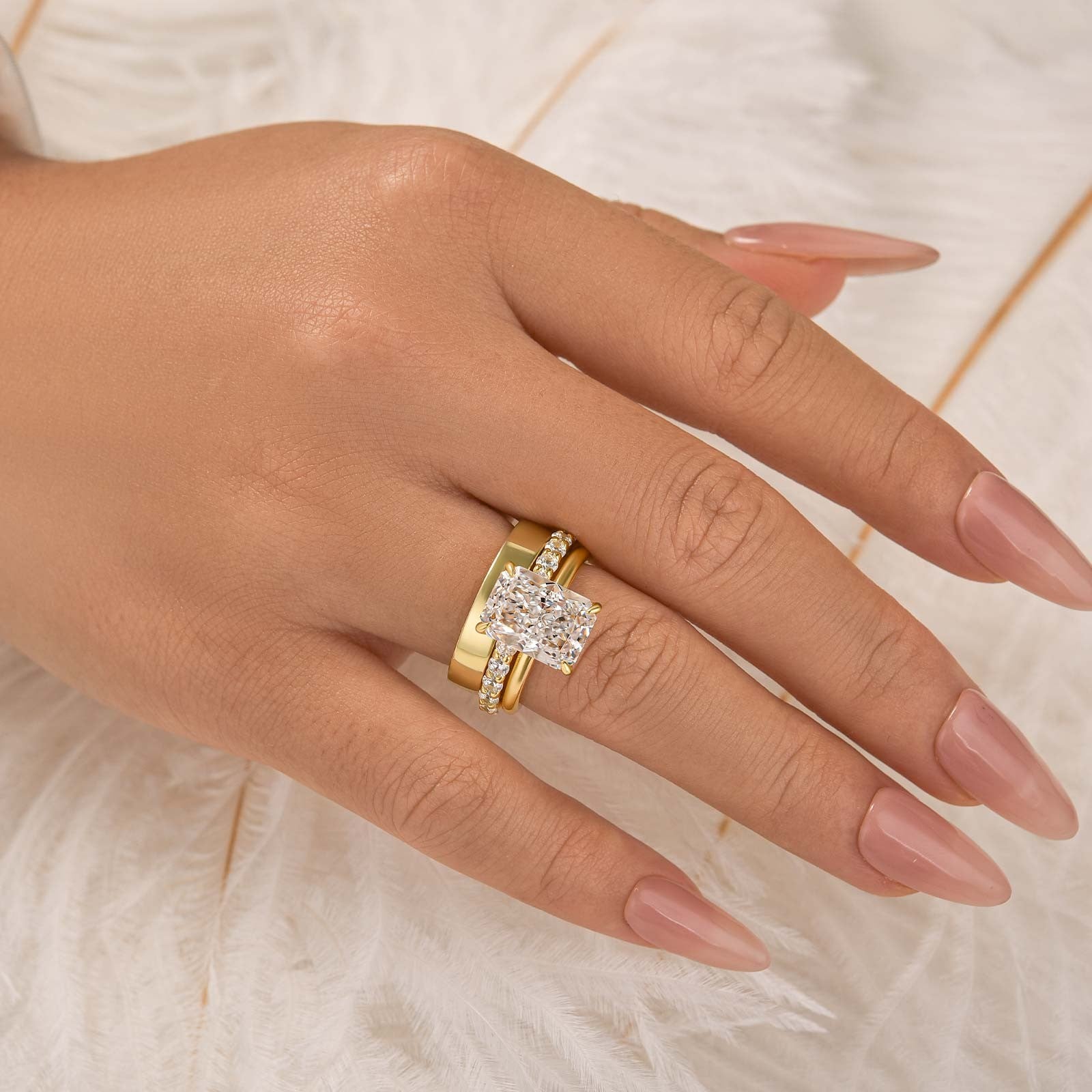 3PC 4.5Ct Radiant Cut Engagement Ring Wedding Ring Set With Open And Plain Bands