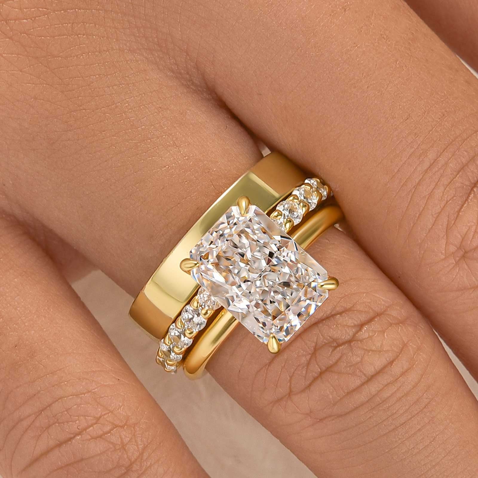 3PC 4.5Ct Radiant Cut Engagement Ring Wedding Ring Set With Open And Plain Bands