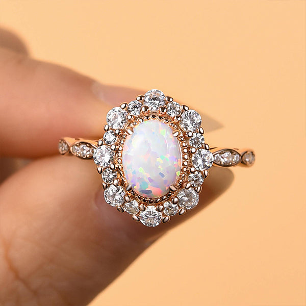 Louily Vintage Halo Oval Cut Opal Stone Engagement Ring