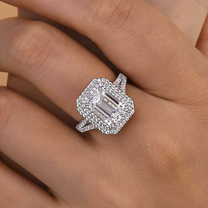 Louily Luxurious Double Halo Emerald Cut Engagement Ring In Sterling Silver - louilyjewelry