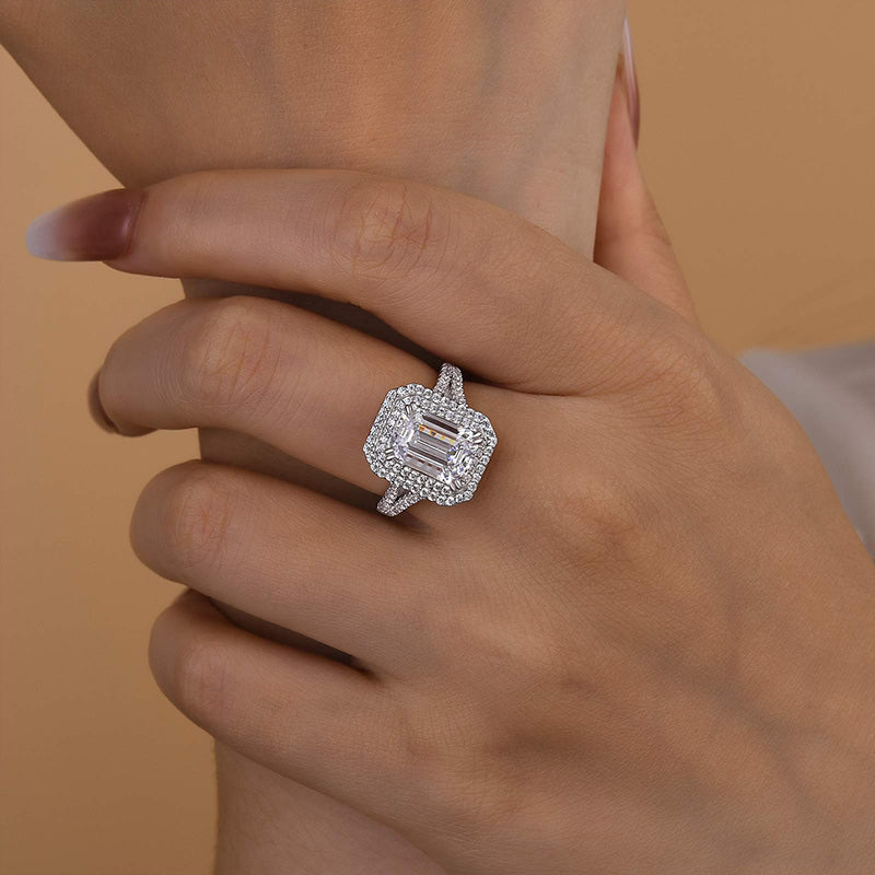 Louily Luxurious Double Halo Emerald Cut Engagement Ring In Sterling Silver - louilyjewelry