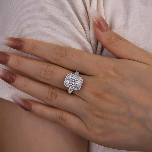 Louily Luxurious Double Halo Emerald Cut Engagement Ring In Sterling Silver