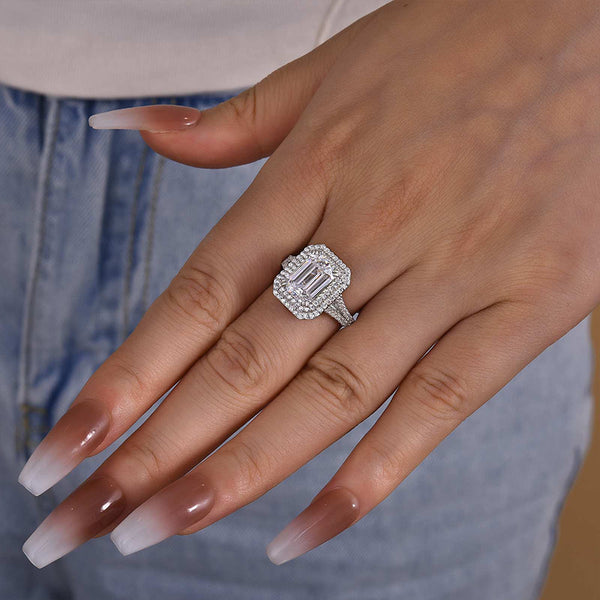 Louily Luxurious Double Halo Emerald Cut Engagement Ring In Sterling Silver