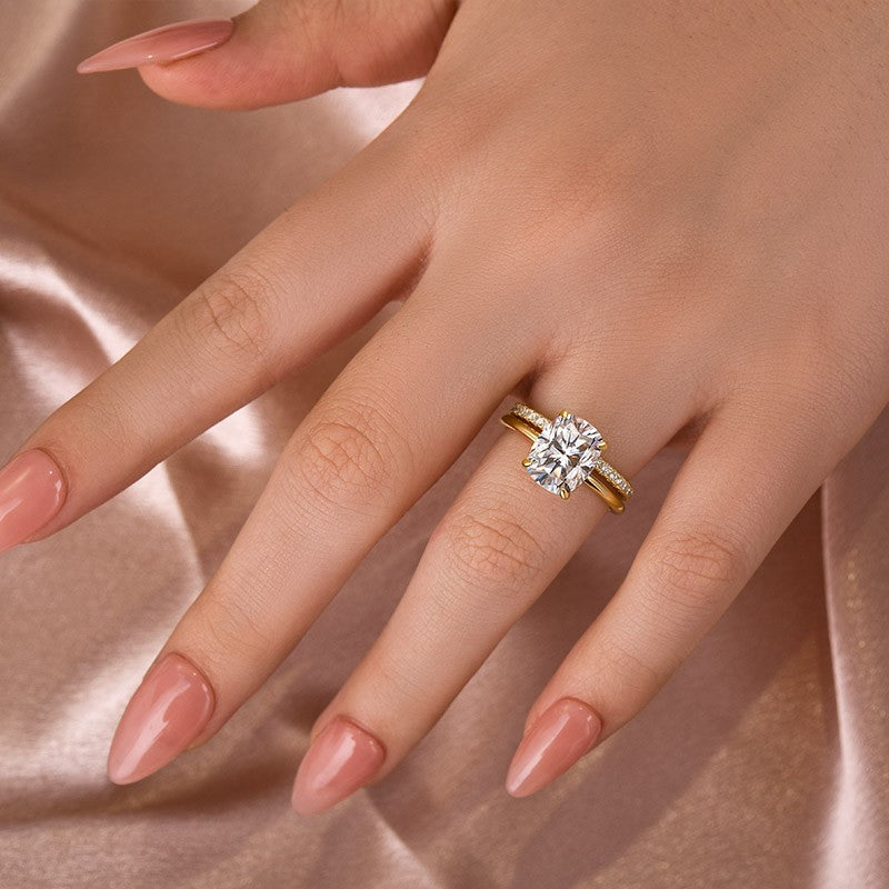 Moissanite 4.0 Ct Solitaire Cushion Cut Yellow Gold Wedding Ring Set - louilyjewelry