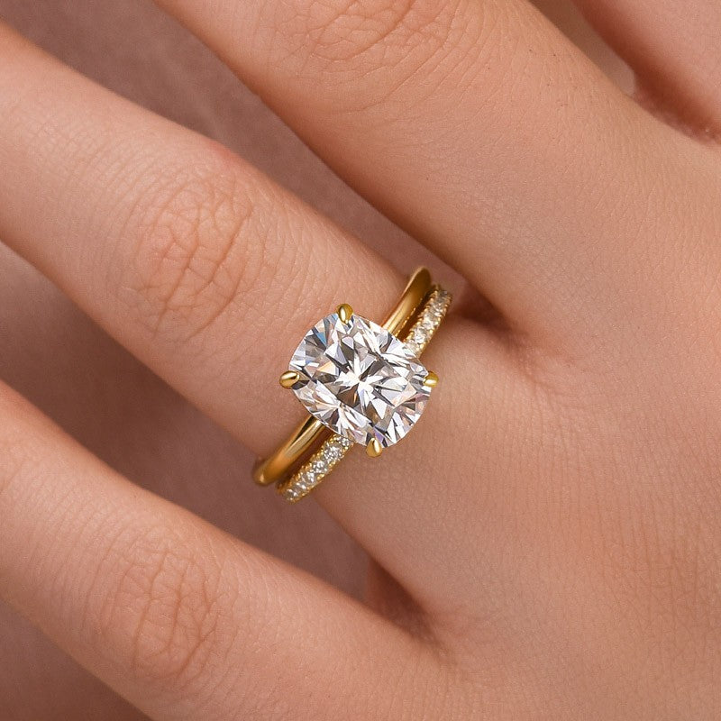 Moissanite 4.0 Ct Solitaire Cushion Cut Yellow Gold Wedding Ring Set - louilyjewelry