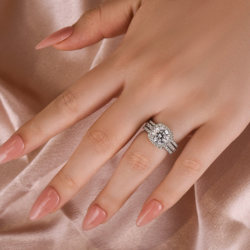 Moissanite 2.0 Ct Halo Round Cut White Gold Promise Ring with Full Eternity Thin Wedding Band - louilyjewelry