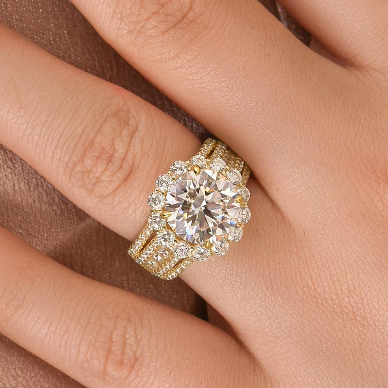 Moissanite Halo Split Shank 4.0Ct Round Cut Yellow Gold Engagement Ring