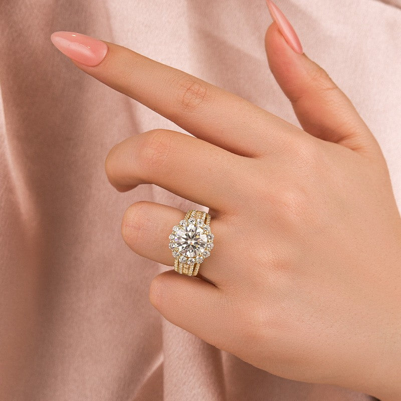 Moissanite Halo Split Shank 4.0Ct Round Cut Yellow Gold Engagement Ring