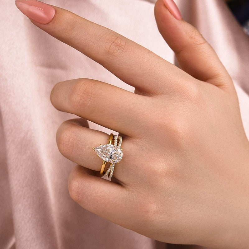 Moissanite 4.0 Ct Pear Cut Yellow Gold Wedding Ring With X Criss Cross Wedding Band - louilyjewelry