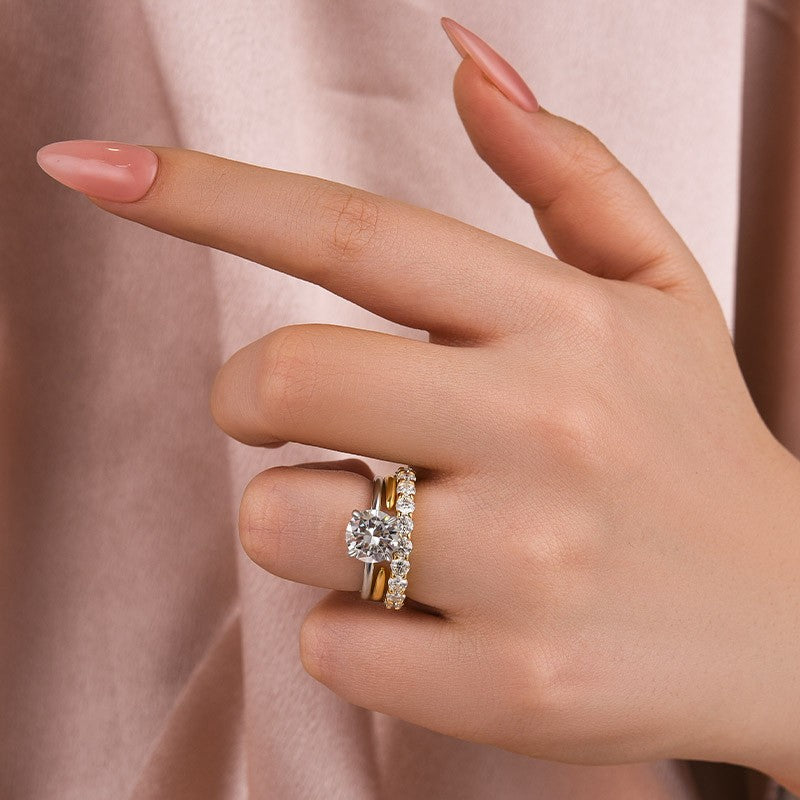 Moissanite 2.0 Ct Solitaire Round Cut Two-Tone Open Wedding Ring Set - louilyjewelry