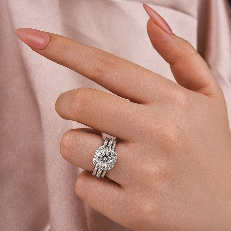 Moissanite 2.0 Ct Halo Round Cut White Gold Promise Ring with Full Eternity Thin Wedding Band - louilyjewelry