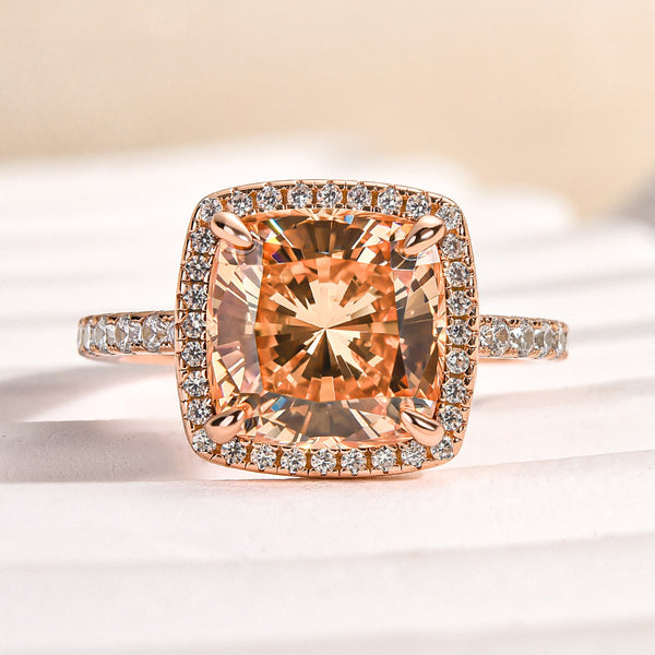 Louily Elegant Rose Gold Halo Cushion Cut Champagne Engagement Ring In Sterling Silver