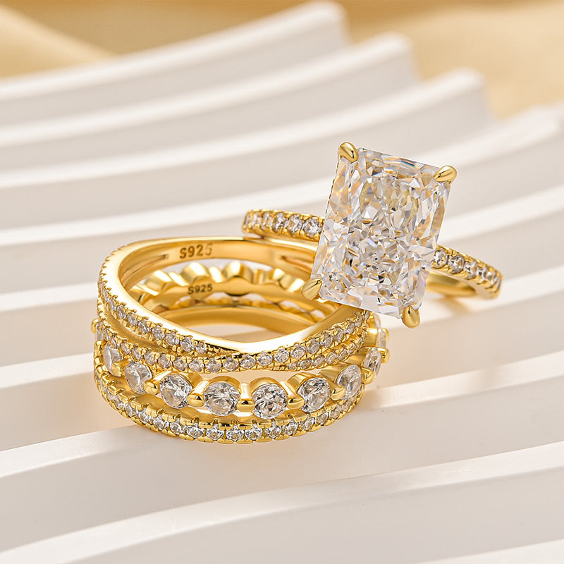 Louily 4PC Radiant Cut Wedding Ring Set With Classic Wedding Bands