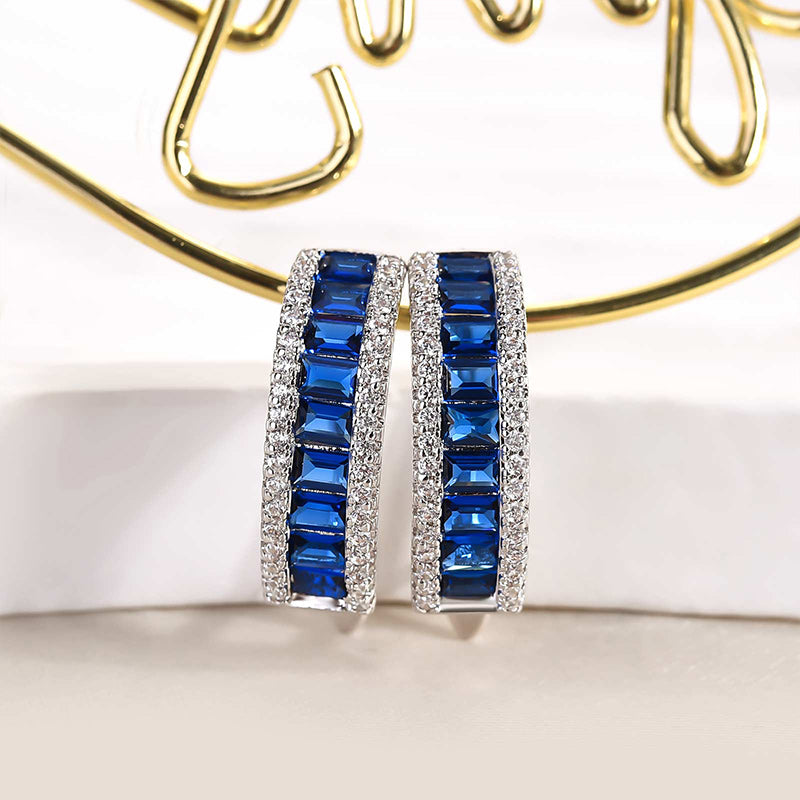 Louily Unique Blue Sapphire Emerald Cut Earrings In Sterling Silver - louilyjewelry