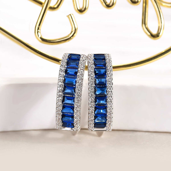 Louily Unique Blue Sapphire Emerald Cut Earrings In Sterling Silver