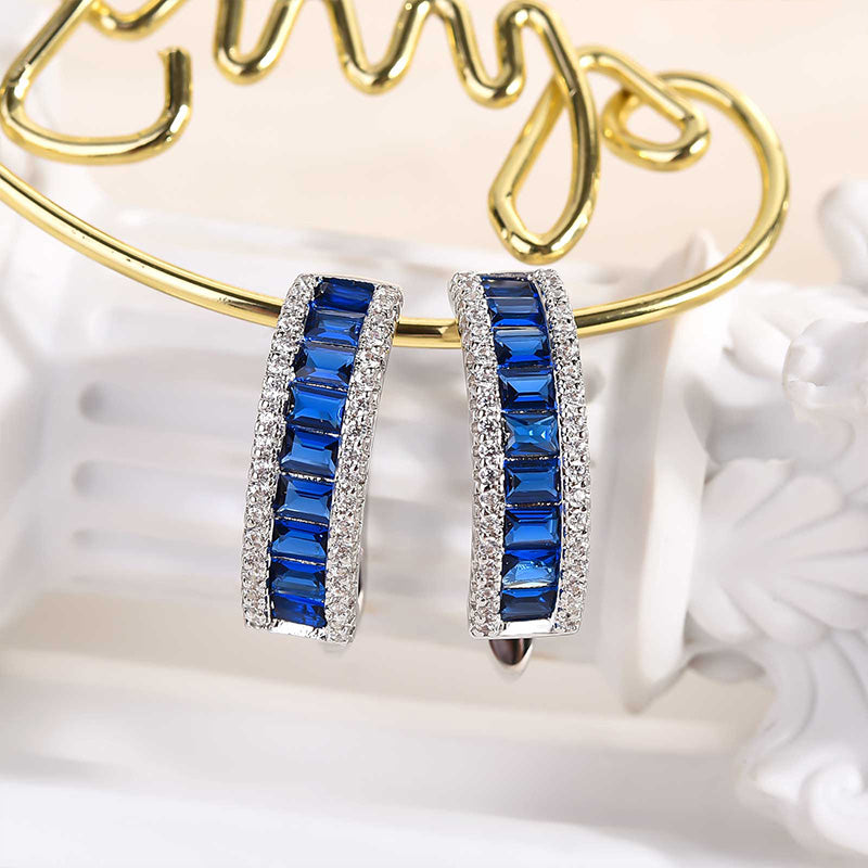 Louily Unique Blue Sapphire Emerald Cut Earrings In Sterling Silver - louilyjewelry
