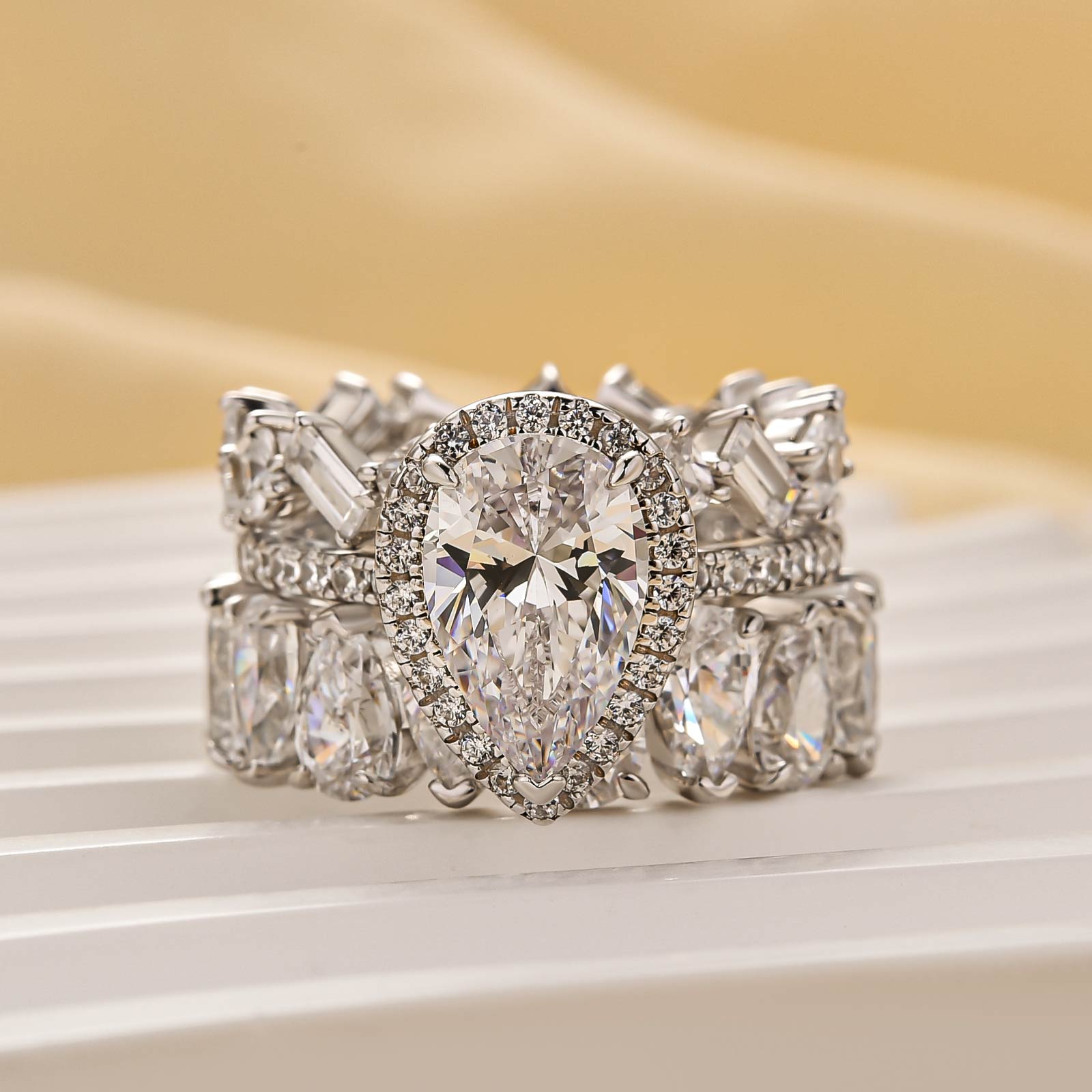 2.2 Carat Halo Pear Cut Wedding Ring Set With Two Luxurious Wedding Bands