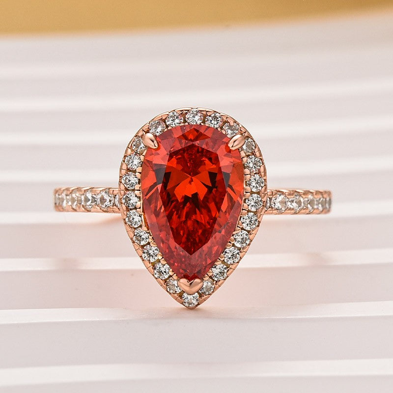 2.2 Carat Simulated Diamond Pear Cut Red Stone Halo Engagement Ring - louilyjewelry