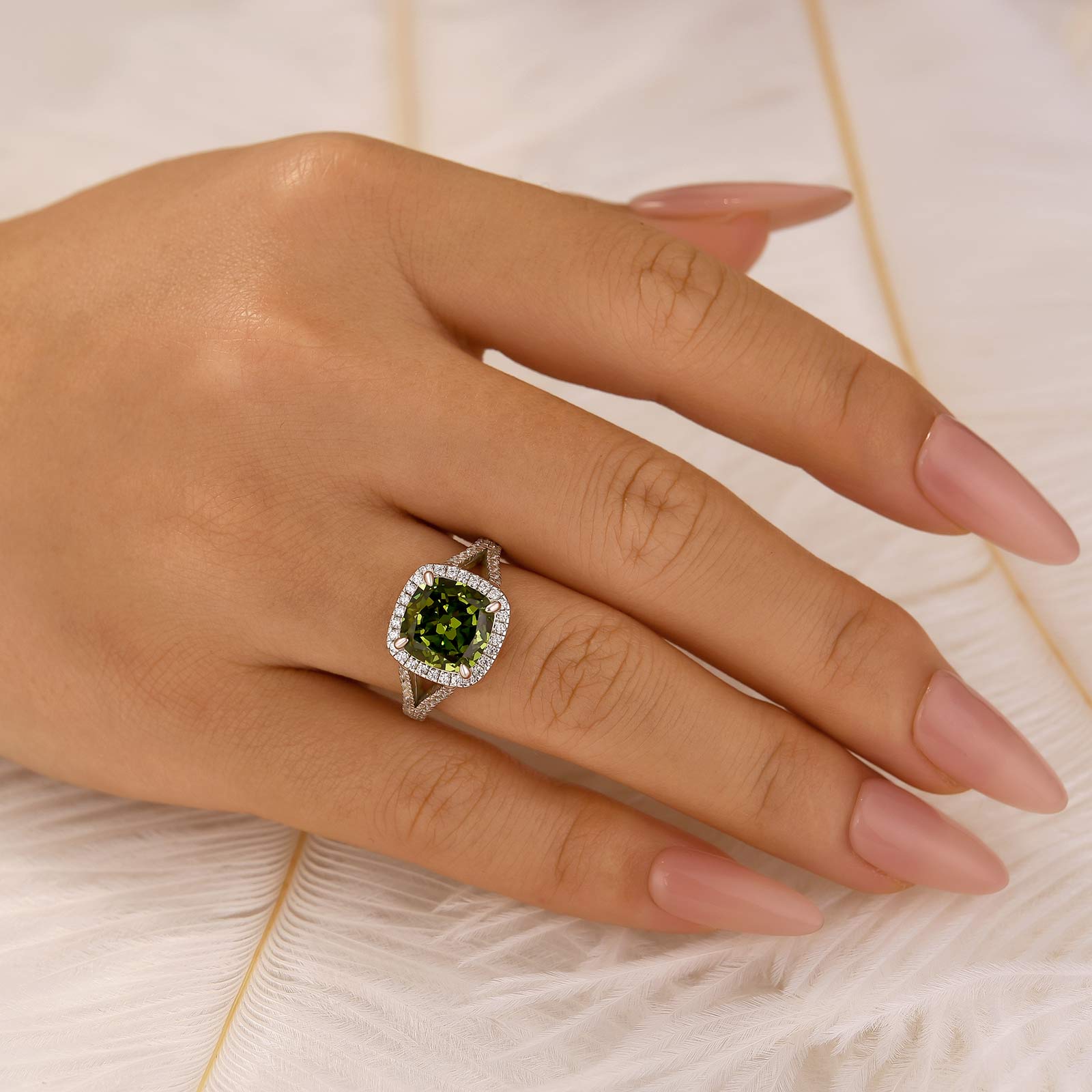 Louily Vintage Green Stone Split Shank Cushion Cut Engagement Ring