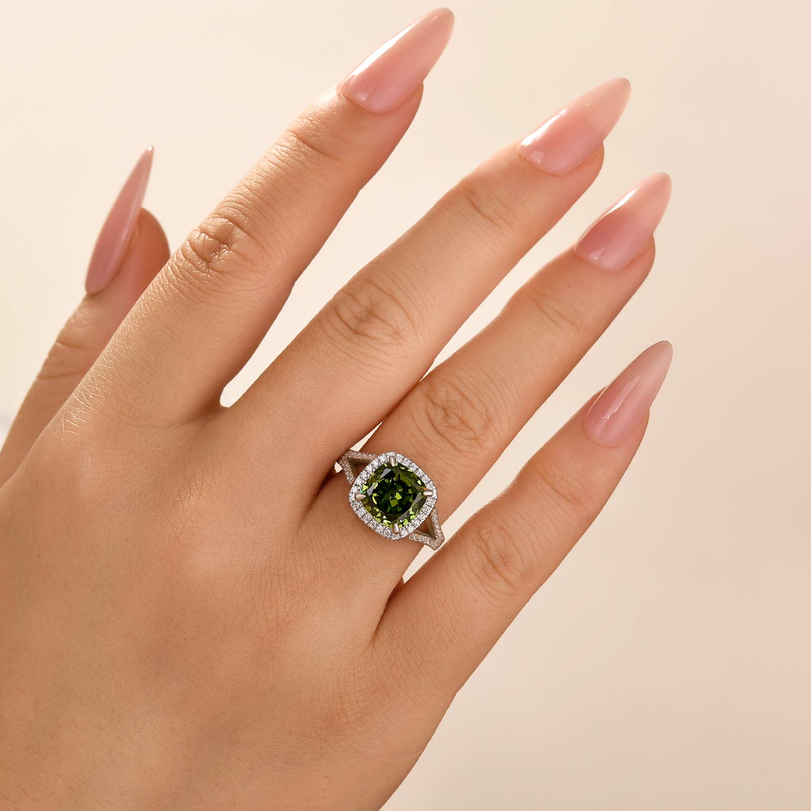 Louily Vintage Green Stone Split Shank Cushion Cut Engagement Ring