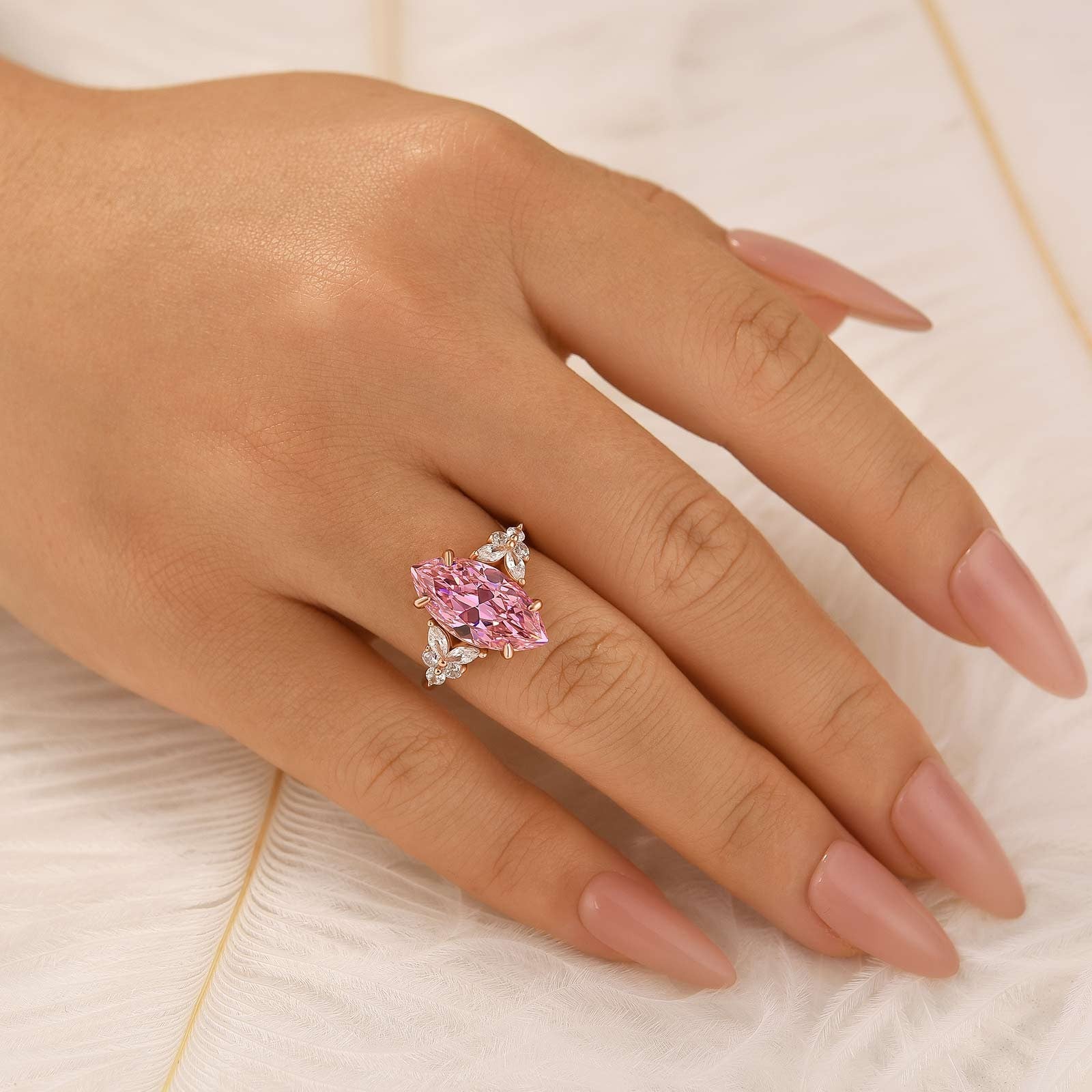 4.0 Ct Marquise Cut Pink Stone Engagement Ring - louilyjewelry