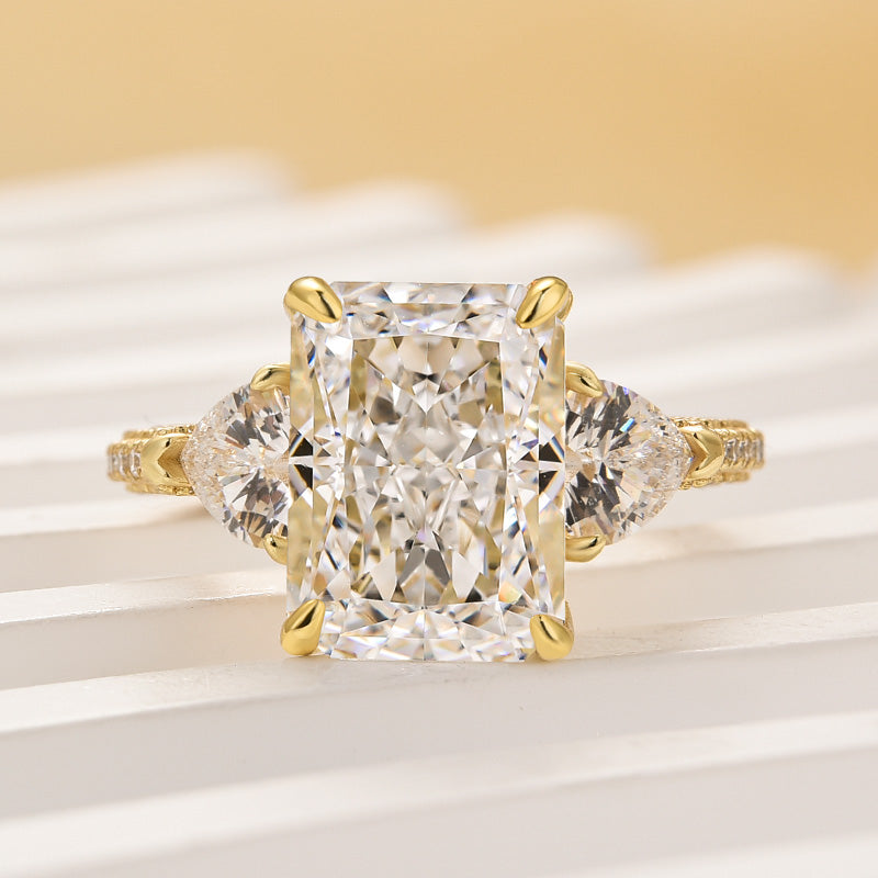 Louily Radiant Cut Three Stone Engagement Ring With Two Heart Cut Side Stones - louilyjewelry