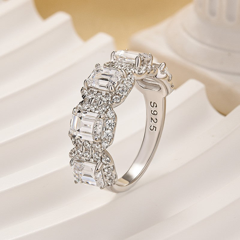 3.3Ct Halo Emerald Cut White Stone Anniversary Ring In Sterling Silver