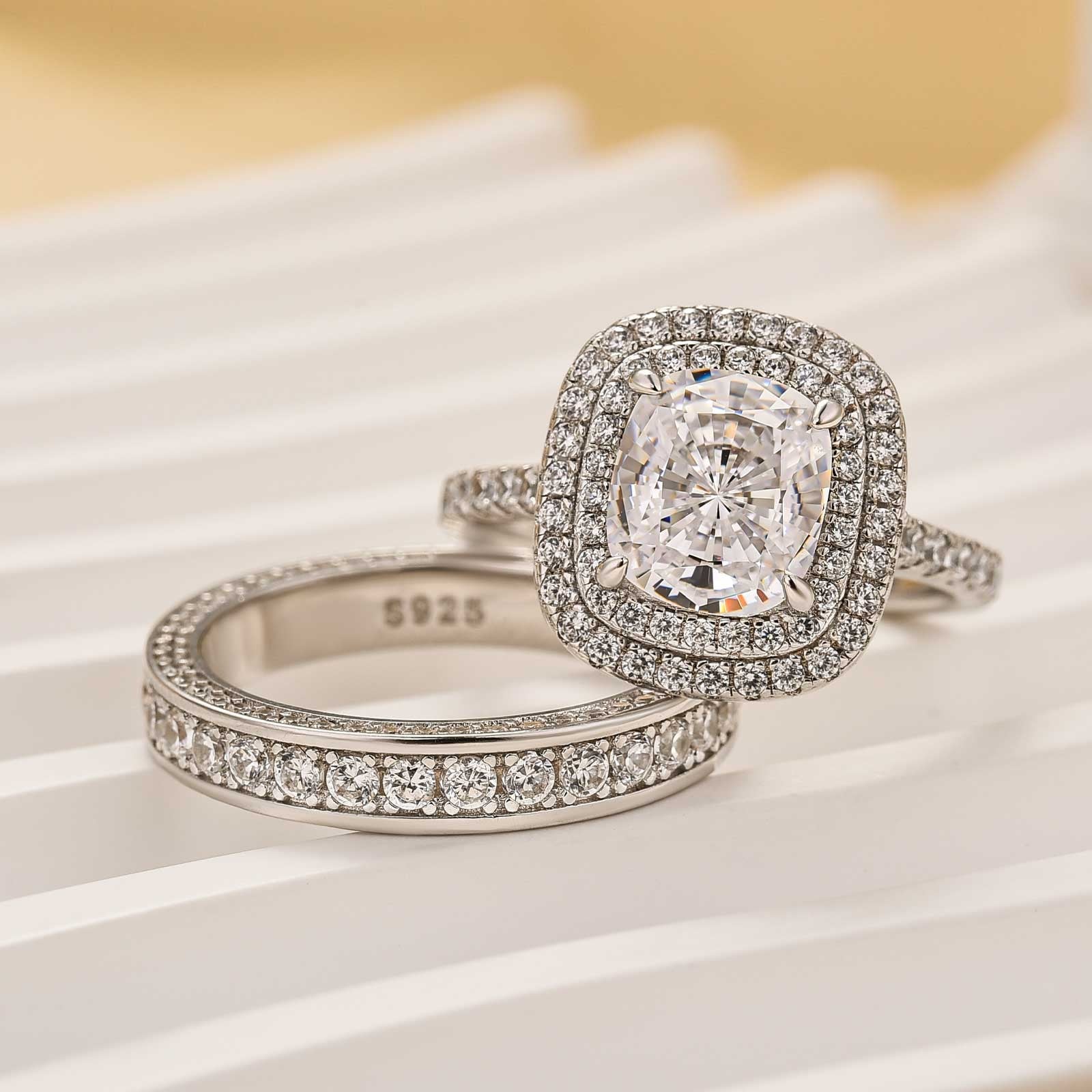 Double Halo Cushion Cut 2 Carat Engagement Ring With Channel Set Wedding Band