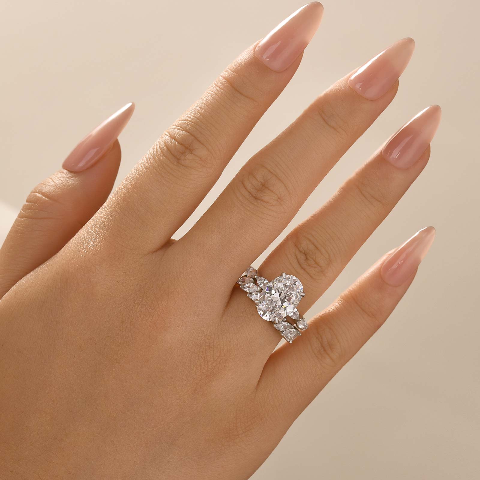 Classic 4.5Ct Oval Cut Wedding Ring Set With Marquise Cut Wedding Band