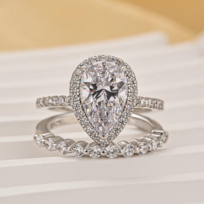 Louily 2PC Classic Halo Pear Cut Wedding Ring Set With Classic Wedding Band