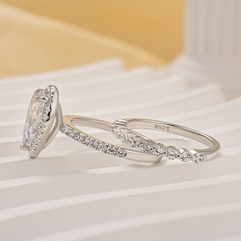 Louily 2PC Classic Halo Pear Cut Wedding Ring Set With Classic Wedding Band