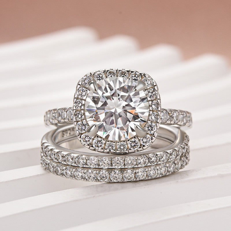 Moissanite 2.0 Ct Halo Round Cut White Gold Promise Ring with Full Eternity Thin Wedding Band - louilyjewelry