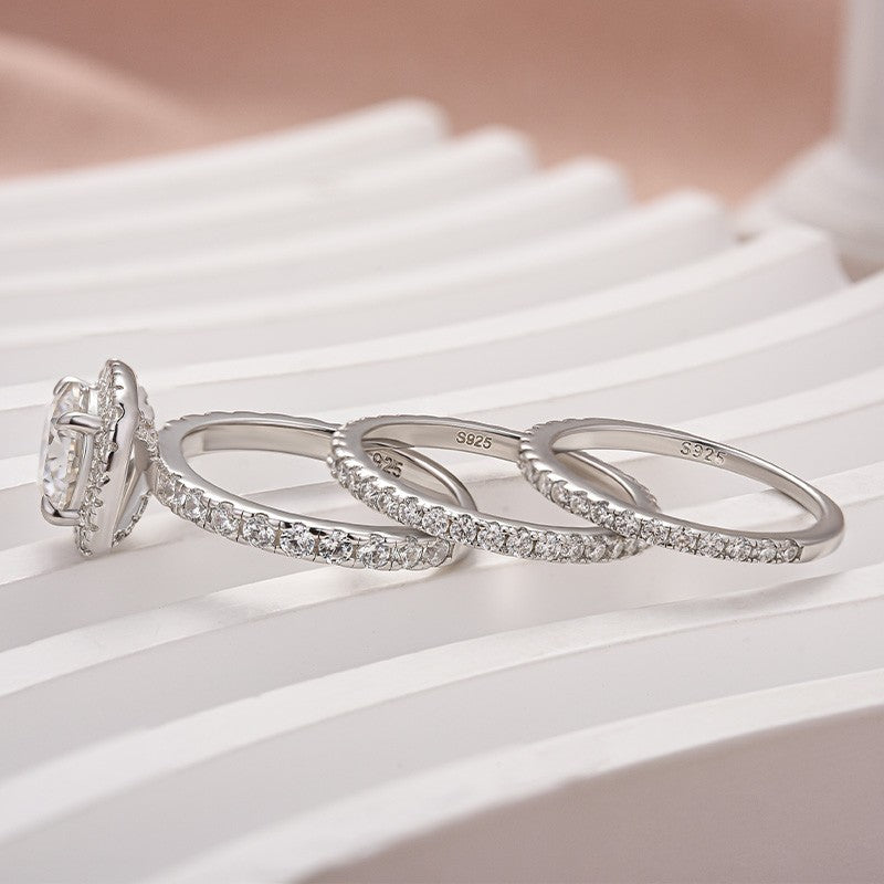 Moissanite 2.0 Ct Halo Round Cut White Gold Promise Ring with Full Eternity Thin Wedding Band - louilyjewelry