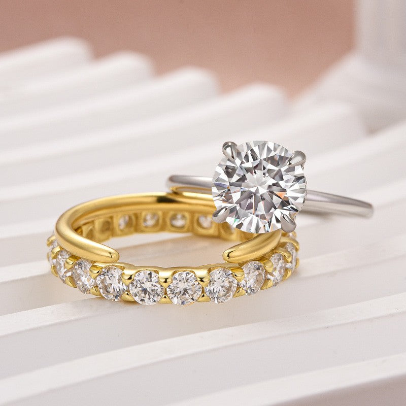 Moissanite 2.0 Ct Solitaire Round Cut Two-Tone Open Wedding Ring Set - louilyjewelry