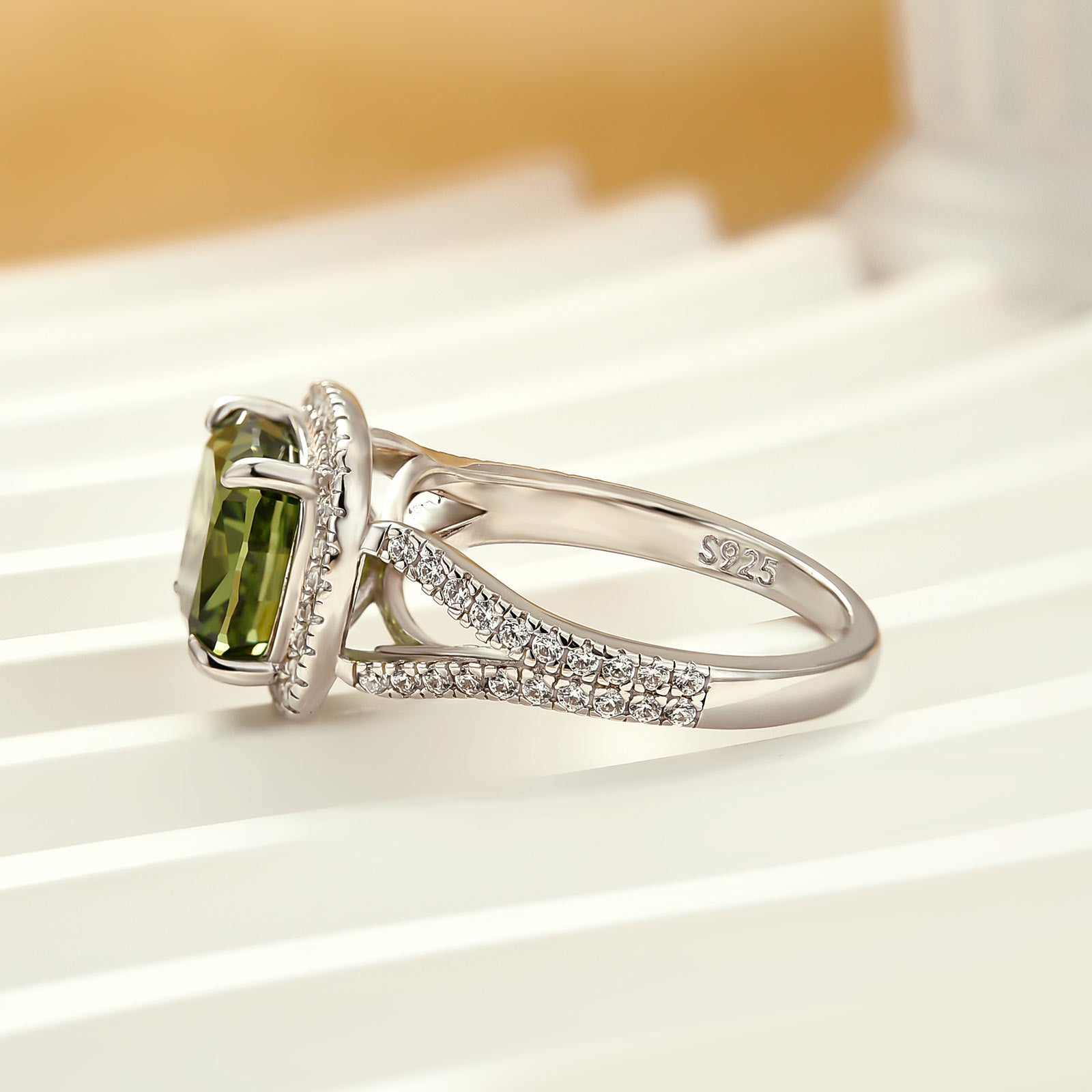 Louily Vintage Green Stone Split Shank Cushion Cut Engagement Ring