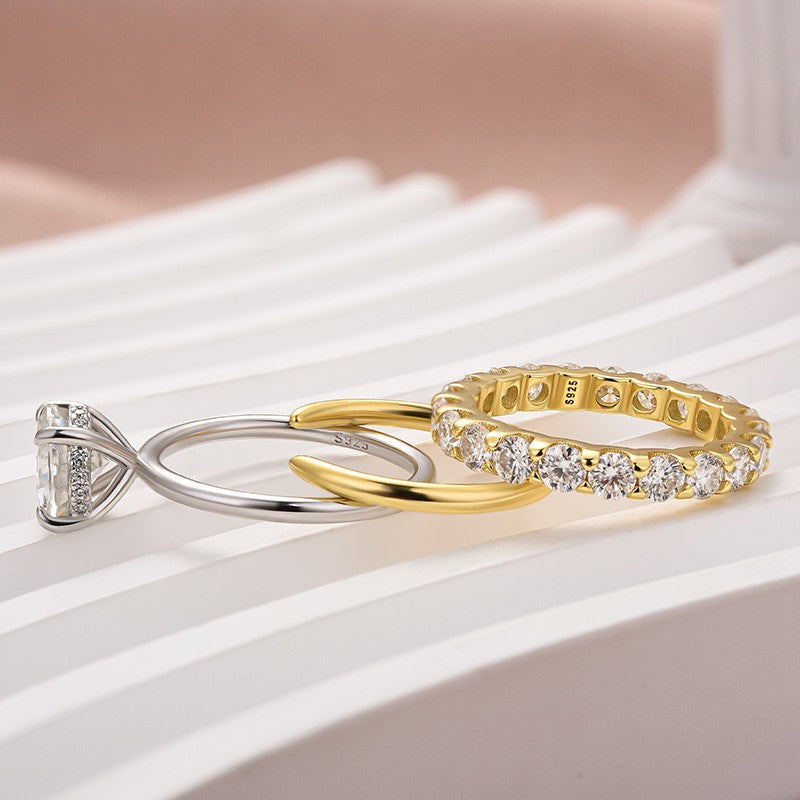 Moissanite 2.0 Ct Solitaire Round Cut Two-Tone Open Wedding Ring Set - louilyjewelry